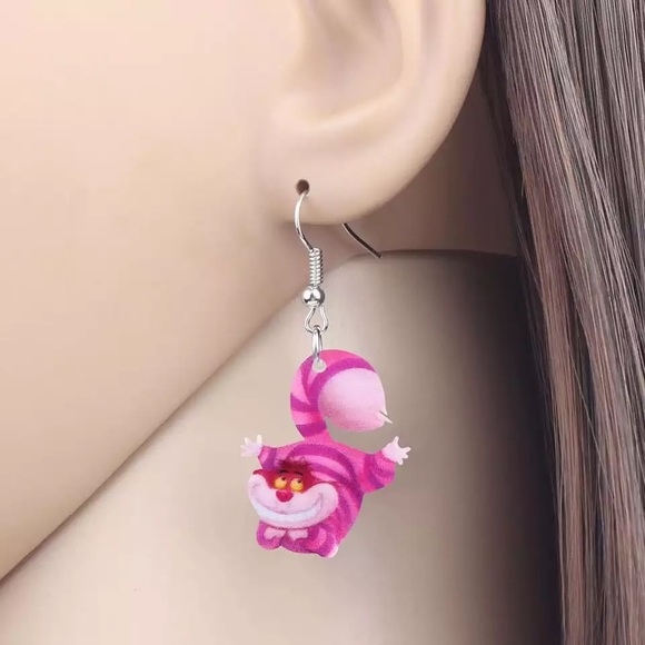 Cheshire Cat Alice in Wonderland Pink Earrings - Picture 2 of 5